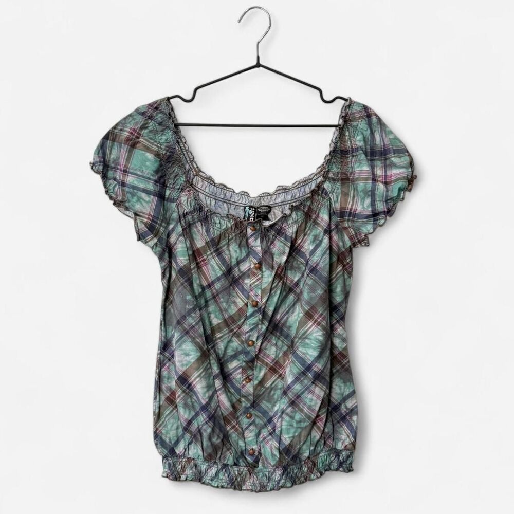 Weavers Women's BlouseY2K green purple brown plaid off the shoulder Witchy Fairy
